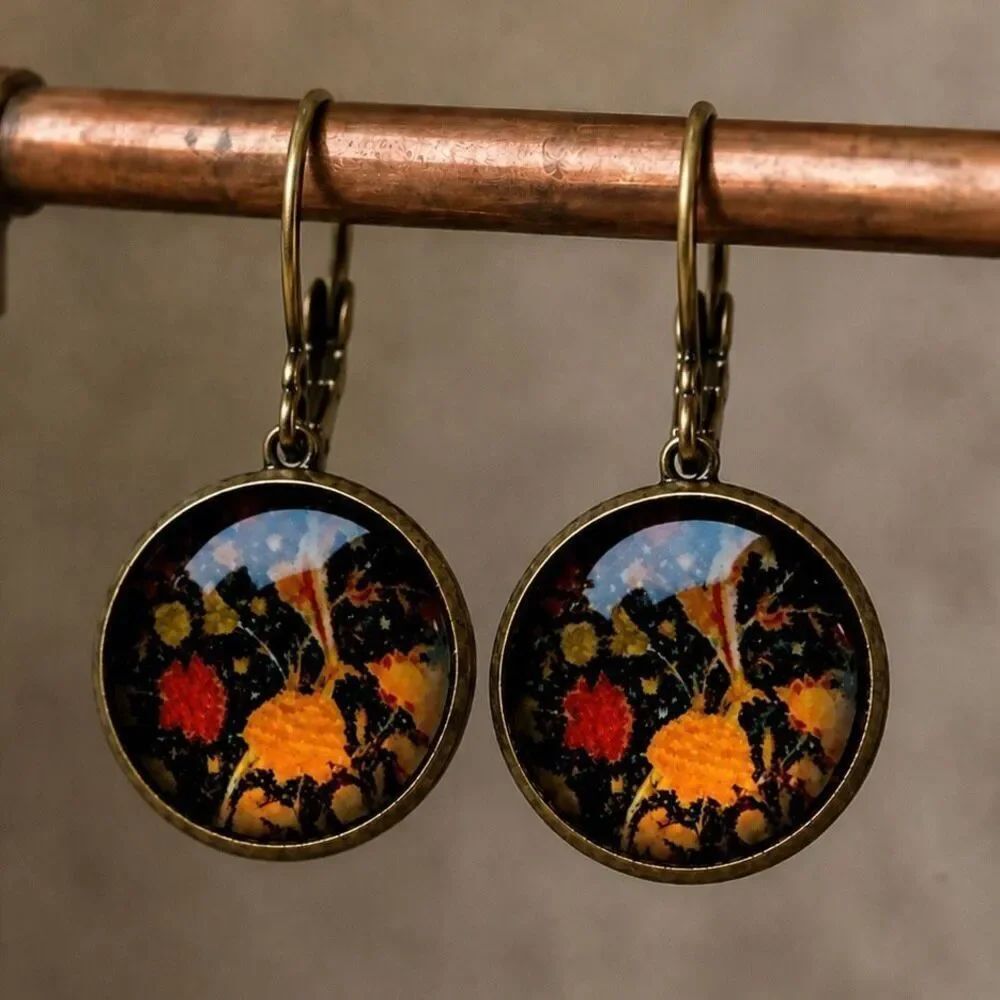 Chiyogami Black Floral Earrings Bronze Tone